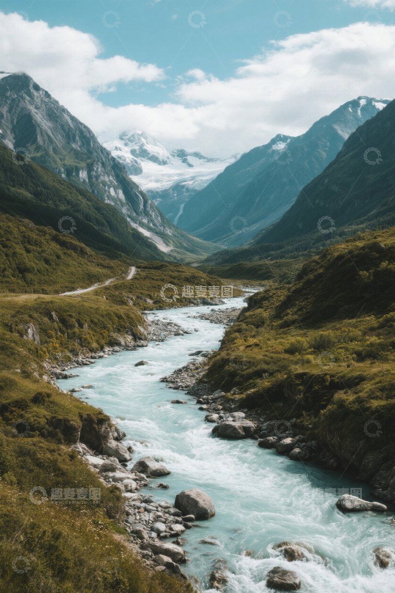 高清大图下载【趣麦麦图】山谷间河流与山脉自然景观