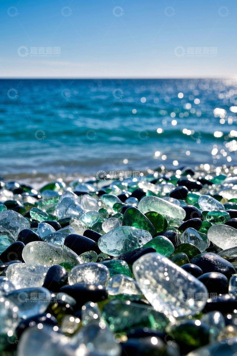 高清大图下载【趣麦麦图】海滩上的多彩玻璃石特写