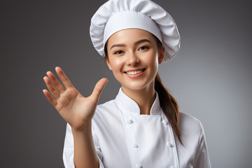 微笑招手的年轻女厨师