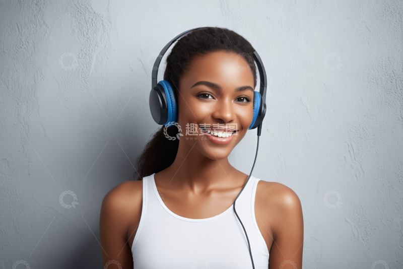高清大图下载【趣麦麦图】戴耳机微笑的黑人女性