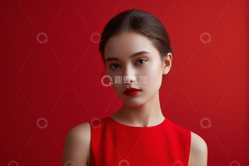 高清大图下载【趣麦麦图】红衣女子红色背景肖像