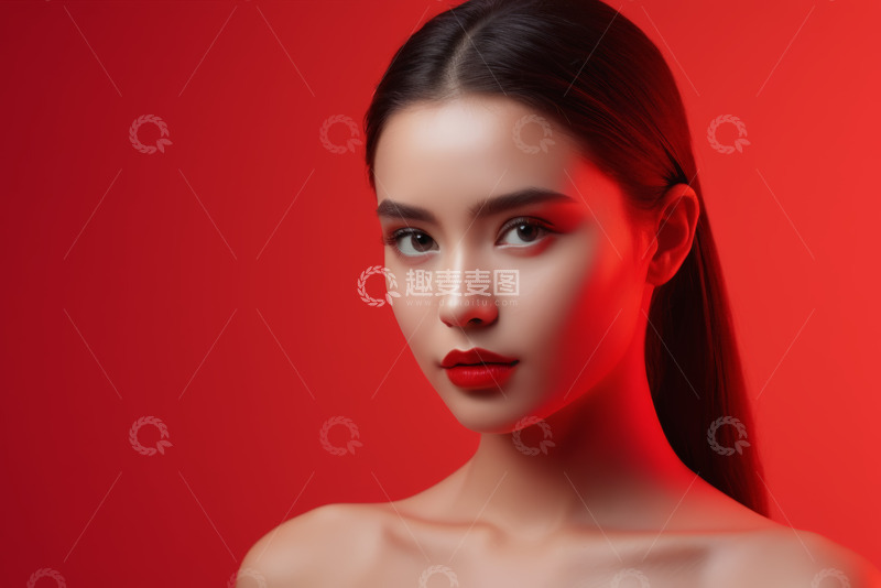 高清大图下载【趣麦麦图】红背景女性面部特写