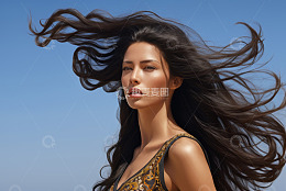 长发女子户外迎风特写