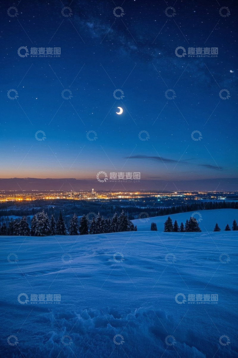 高清大图下载【趣麦麦图】雪夜山林远眺城市夜景