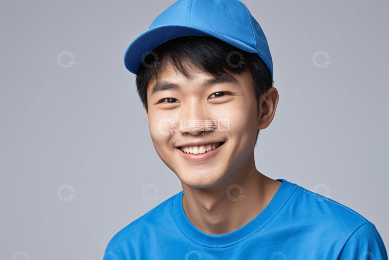 高清大图下载【趣麦麦图】戴蓝色帽子穿蓝T恤男子肖像