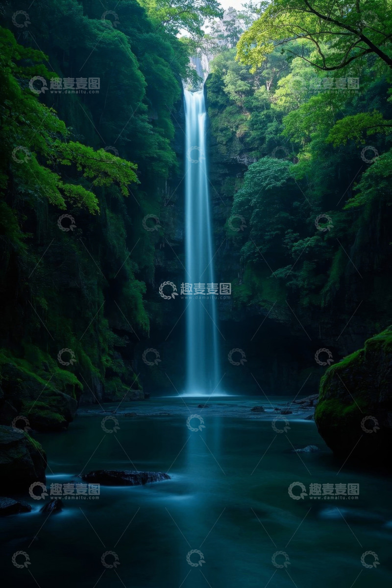 高清大图下载【趣麦麦图】森林中的瀑布自然景观