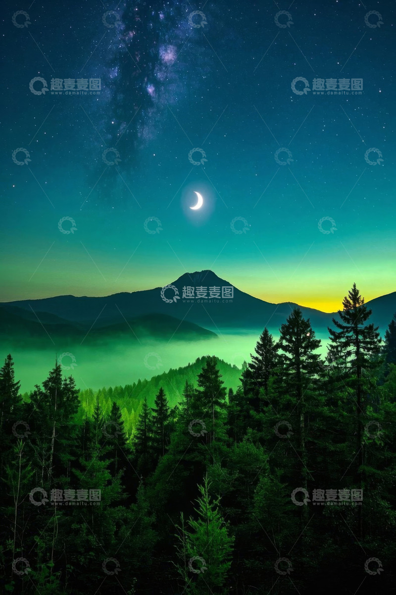 高清大图下载【趣麦麦图】月夜山林星空自然景观