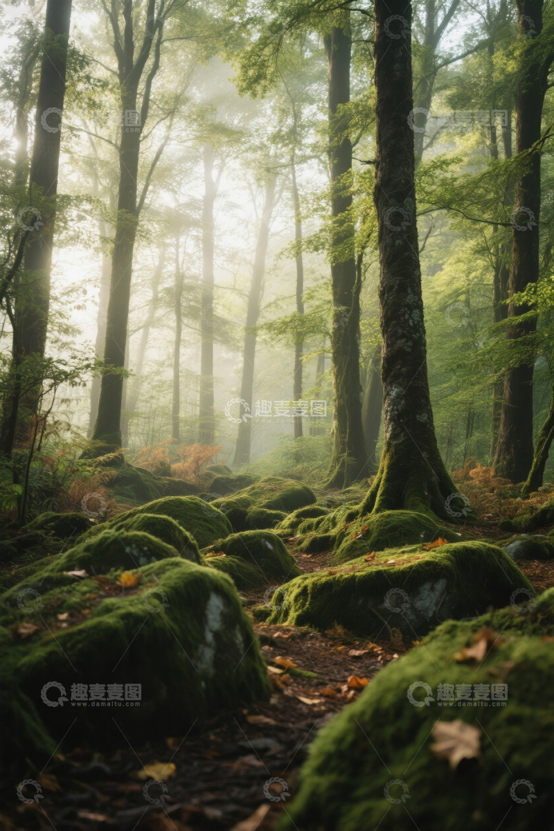 高清大图下载【趣麦麦图】阳光穿透的茂密森林景象
