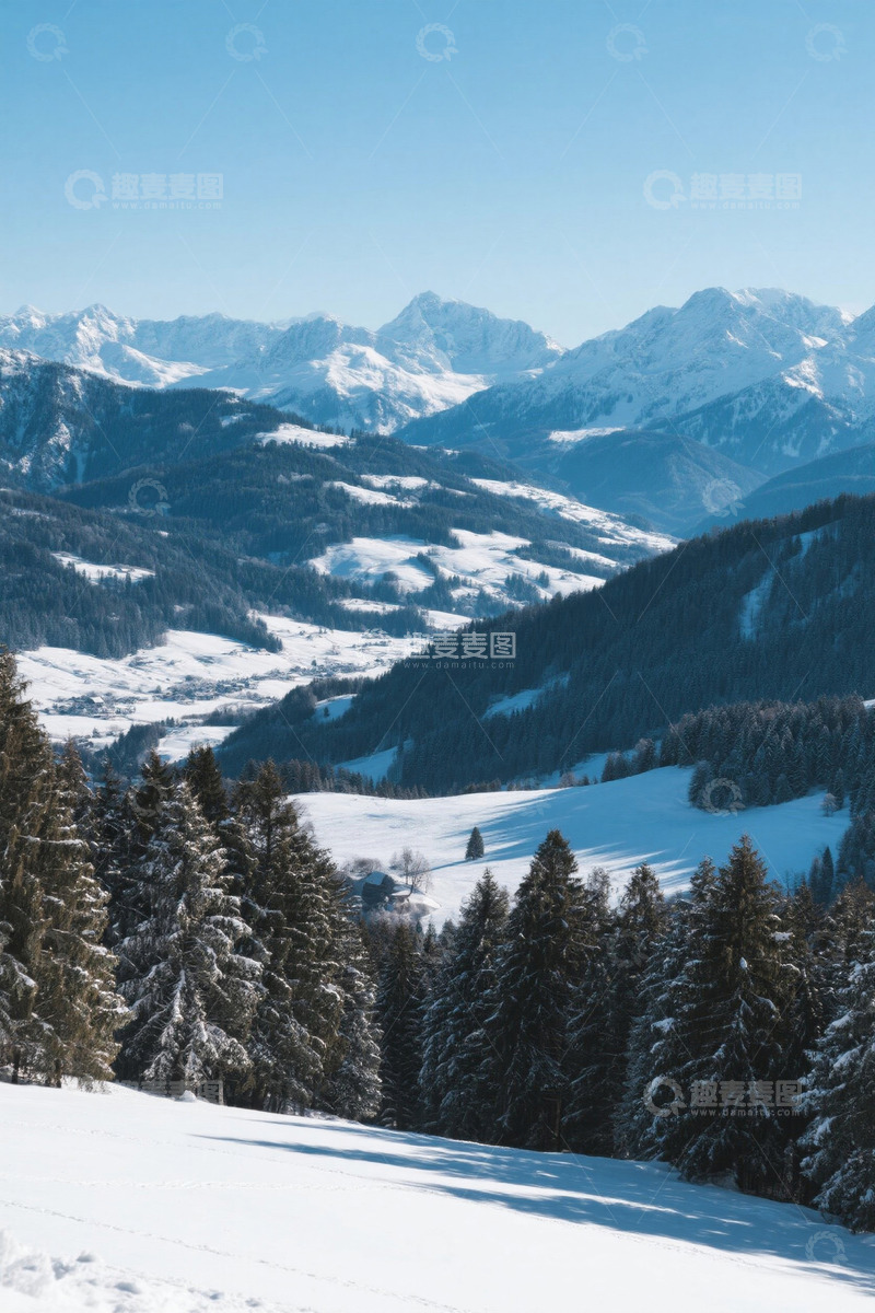 高清大图下载【趣麦麦图】雪山森林冬日风景