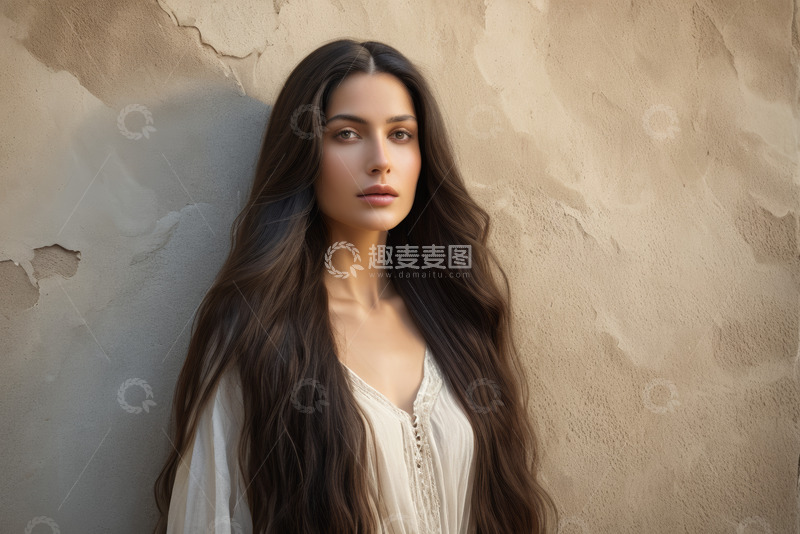 高清大图下载【趣麦麦图】长发女子靠墙肖像