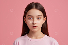 穿粉色上衣的少女正面肖像