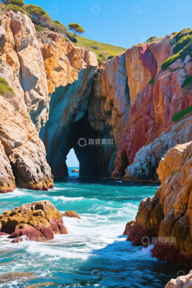 高清大图下载【趣麦麦图】海边彩色岩石与海蚀洞景观