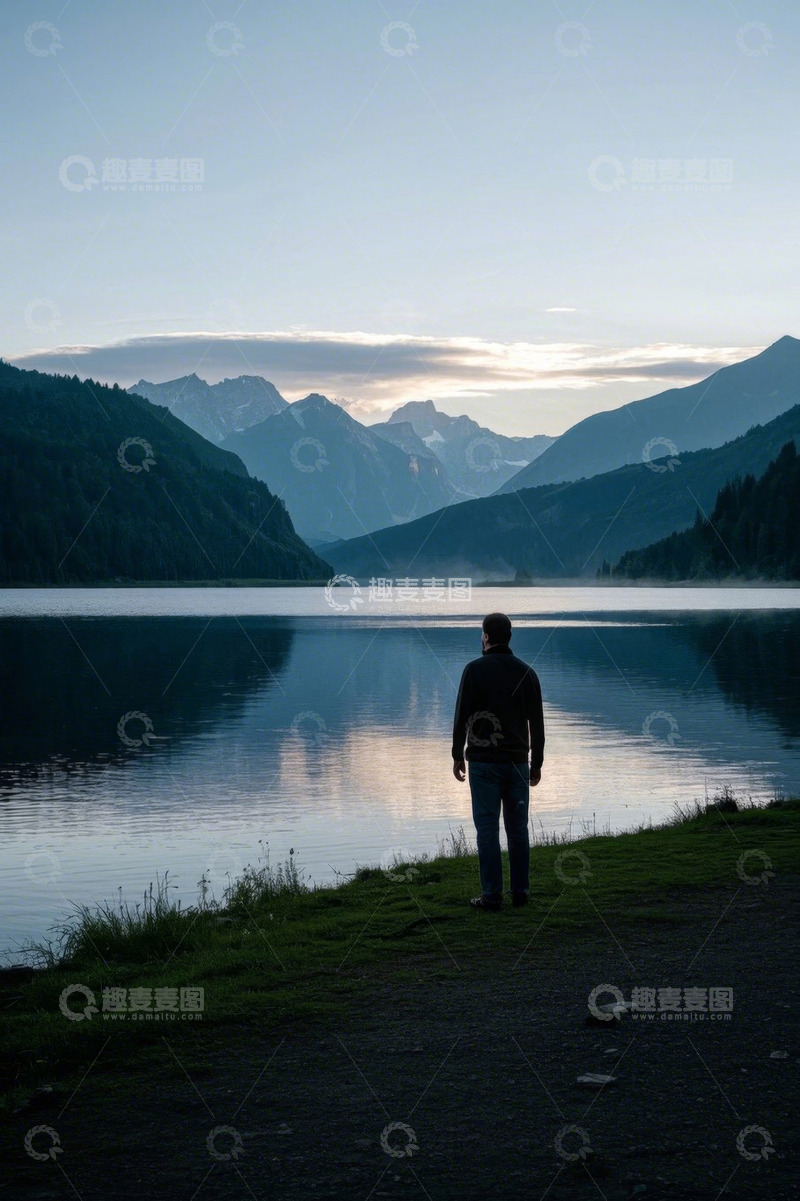 高清大图下载【趣麦麦图】男子站在湖边眺望远处山脉