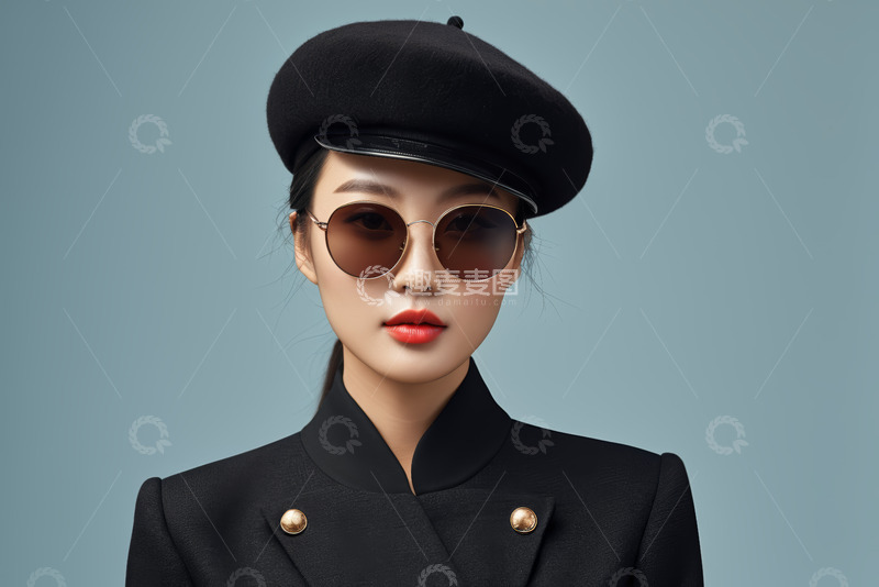 高清大图下载【趣麦麦图】戴贝雷帽墨镜的女性肖像
