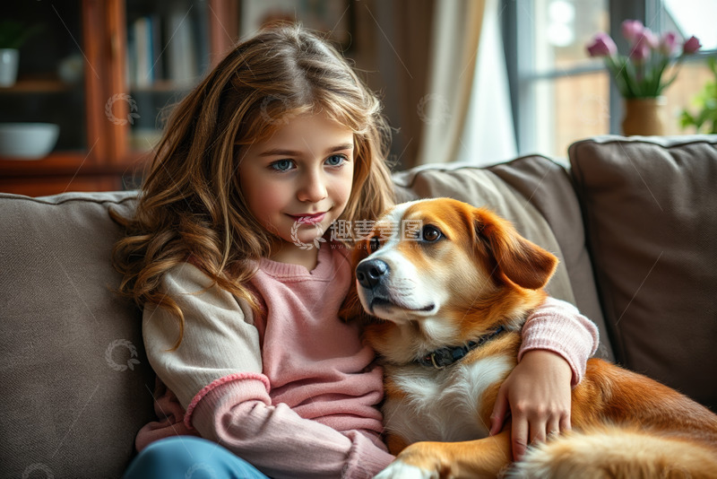 高清大图下载【趣麦麦图】女孩沙发上与宠物狗亲昵依偎