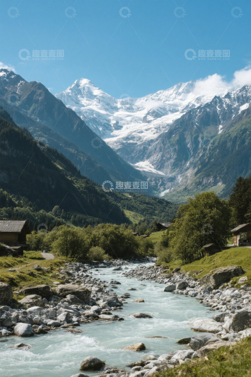 高清大图下载【趣麦麦图】山间河流与雪山自然景观