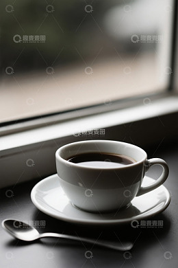 窗边白色咖啡杯与勺子特写