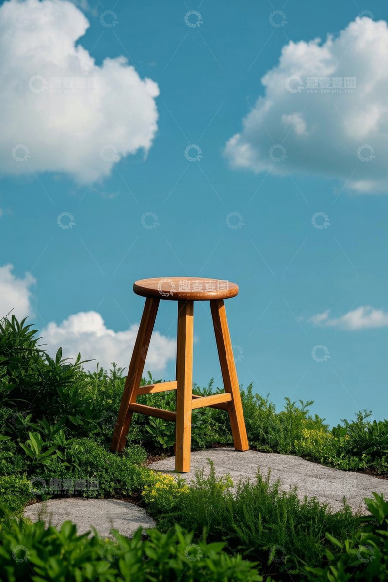 高清大图下载【趣麦麦图】户外草地上的木质圆凳
