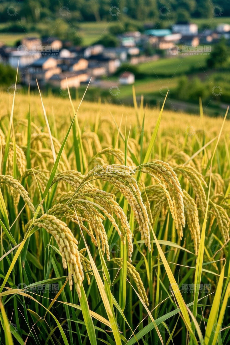 高清大图下载【趣麦麦图】稻田与远处村庄景象