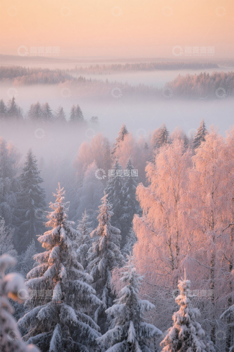 高清大图下载【趣麦麦图】冬日雪覆森林日出景象