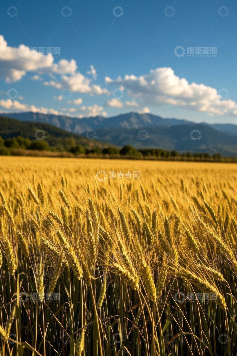 高清大图下载【趣麦麦图】金黄麦田与远山蓝天白云景象