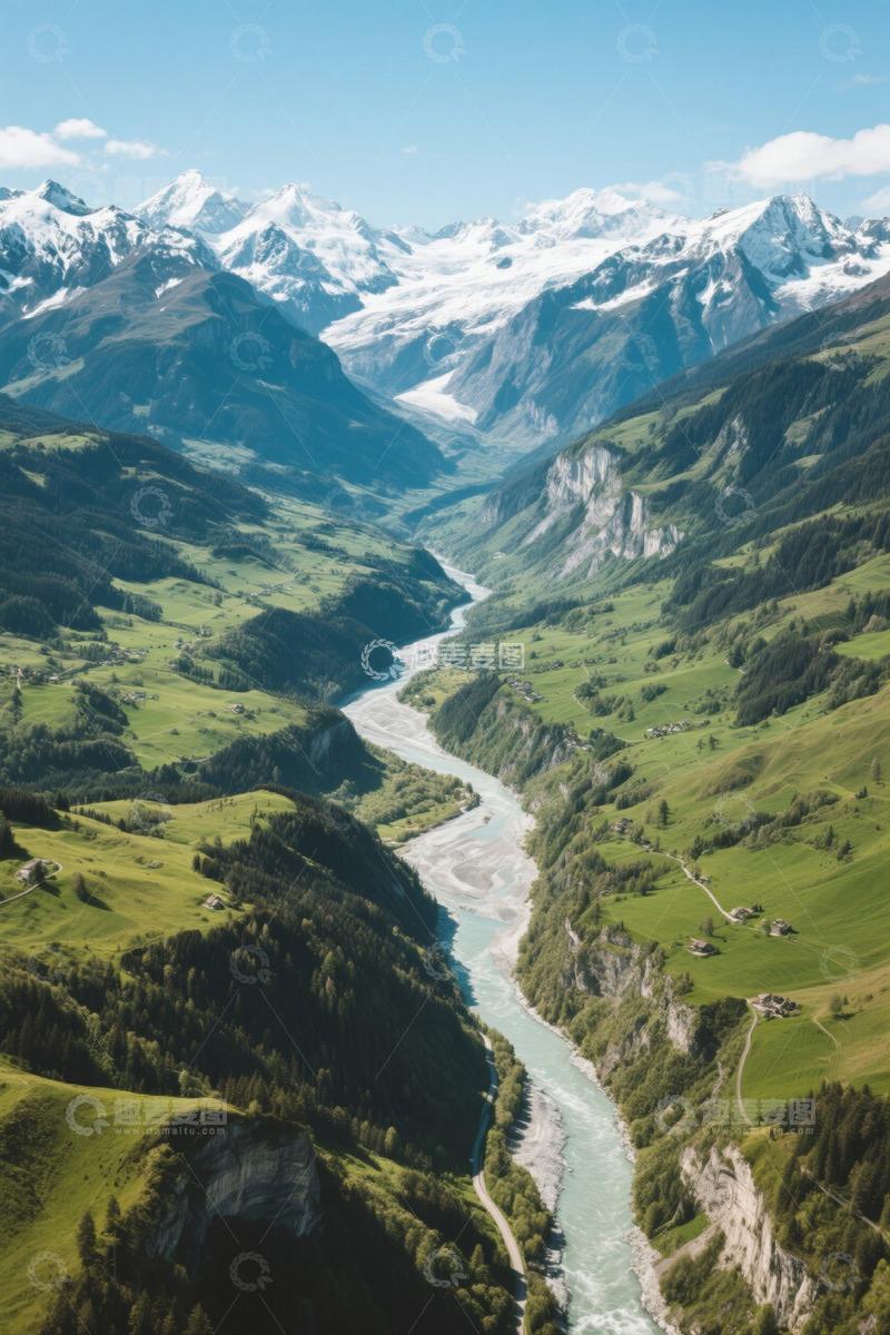 高清大图下载【趣麦麦图】瑞士阿尔卑斯山山谷河流风光