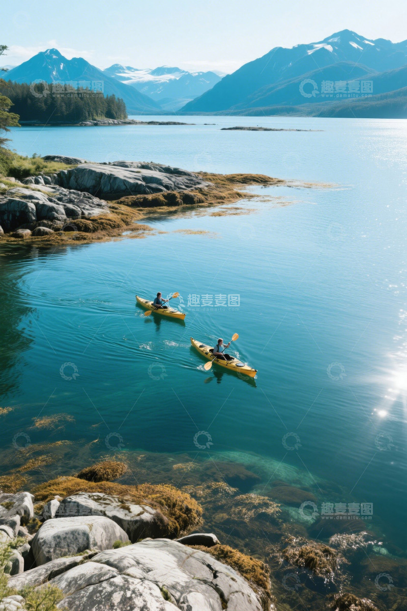 高清大图下载【趣麦麦图】两人在湖上皮划艇运动