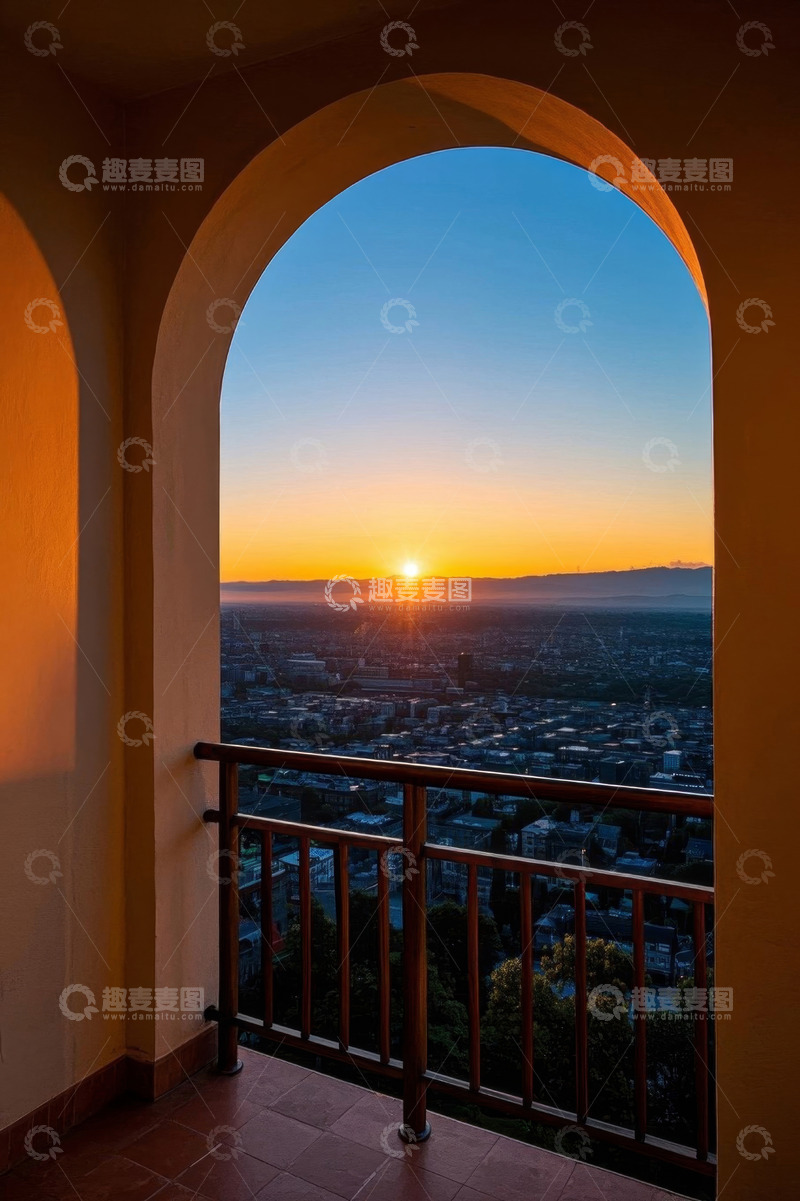 高清大图下载【趣麦麦图】阳台俯瞰城市日落景观