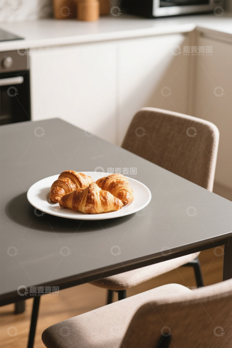 高清大图下载【趣麦麦图】厨房餐桌摆放的牛角面包