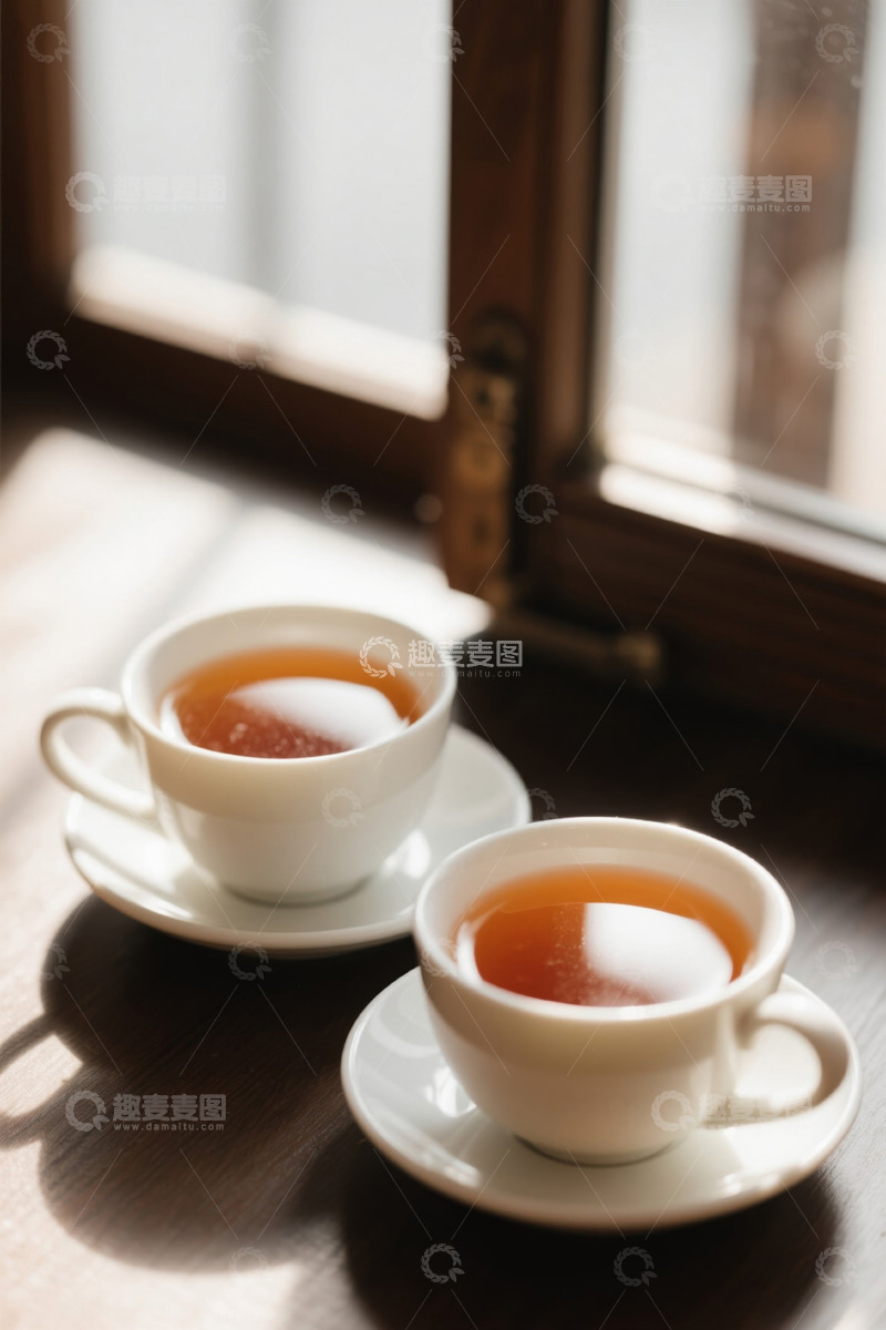 高清大图下载【趣麦麦图】窗边两杯盛有热茶的白色杯子
