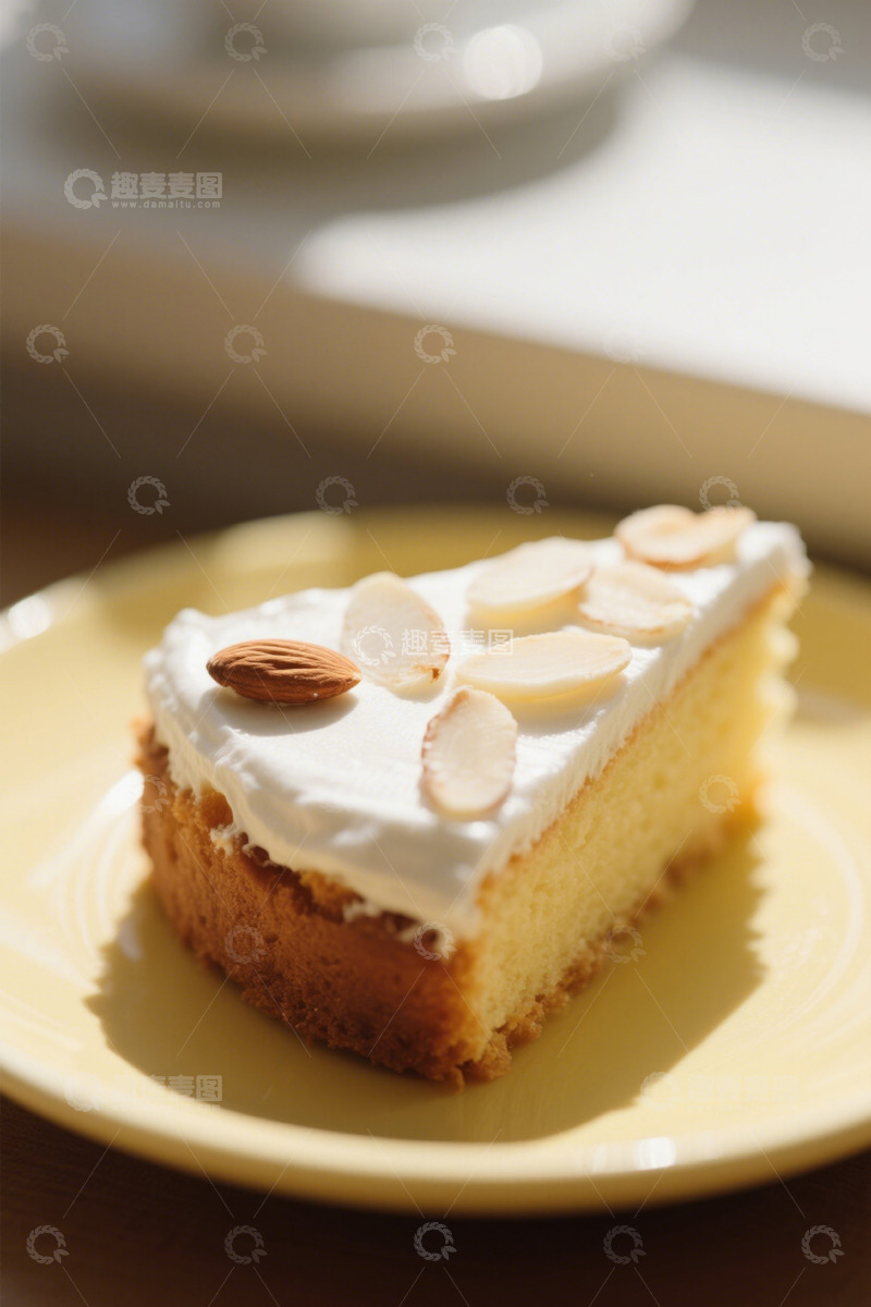 高清大图下载【趣麦麦图】盘子里的杏仁装饰奶油蛋糕