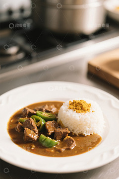盘中咖喱牛肉配米饭美食
