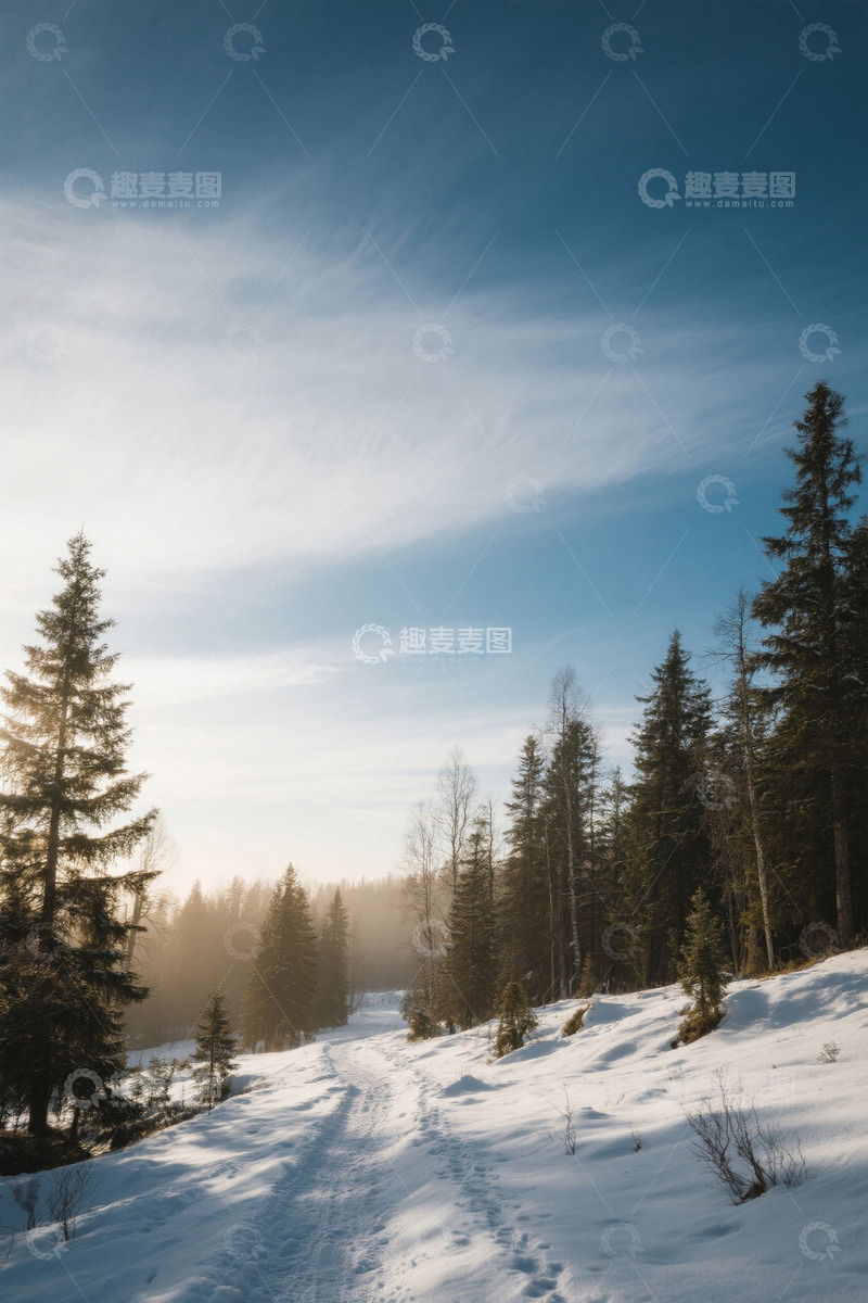 高清大图下载【趣麦麦图】冬日雪覆森林小路风景