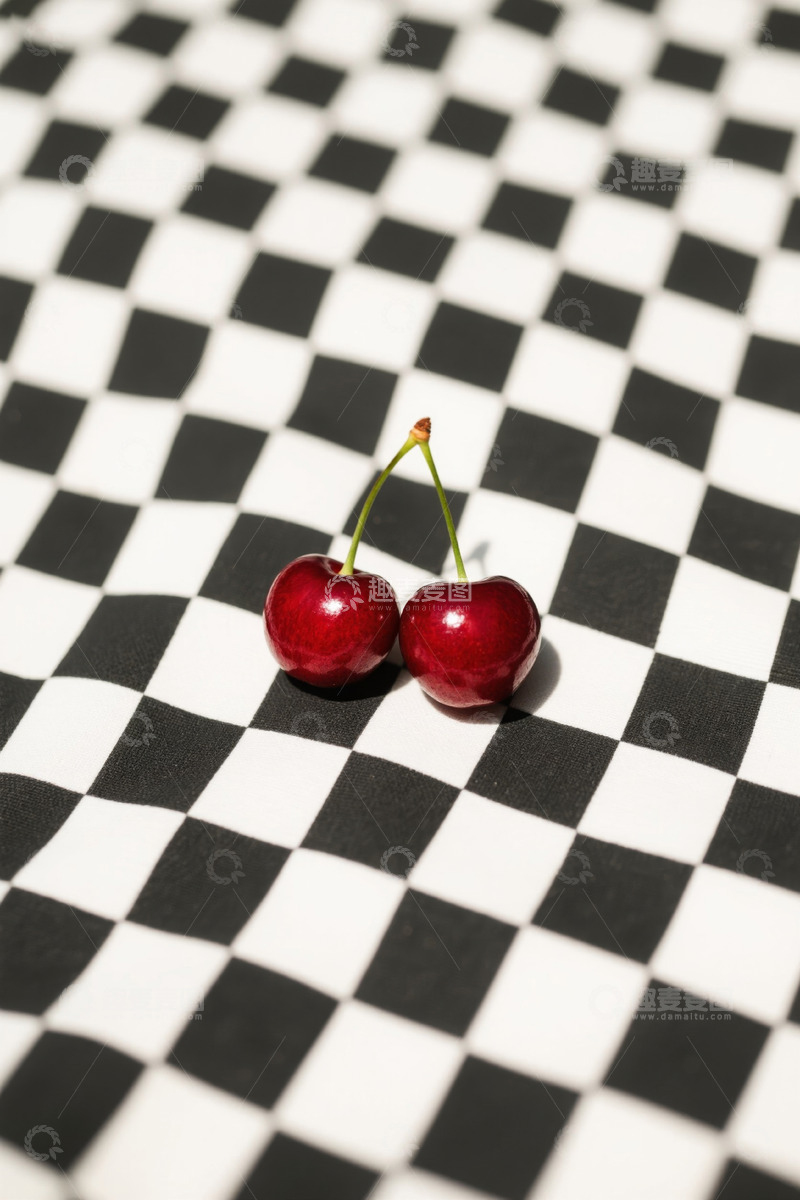 高清大图下载【趣麦麦图】黑白格背景上的两颗樱桃