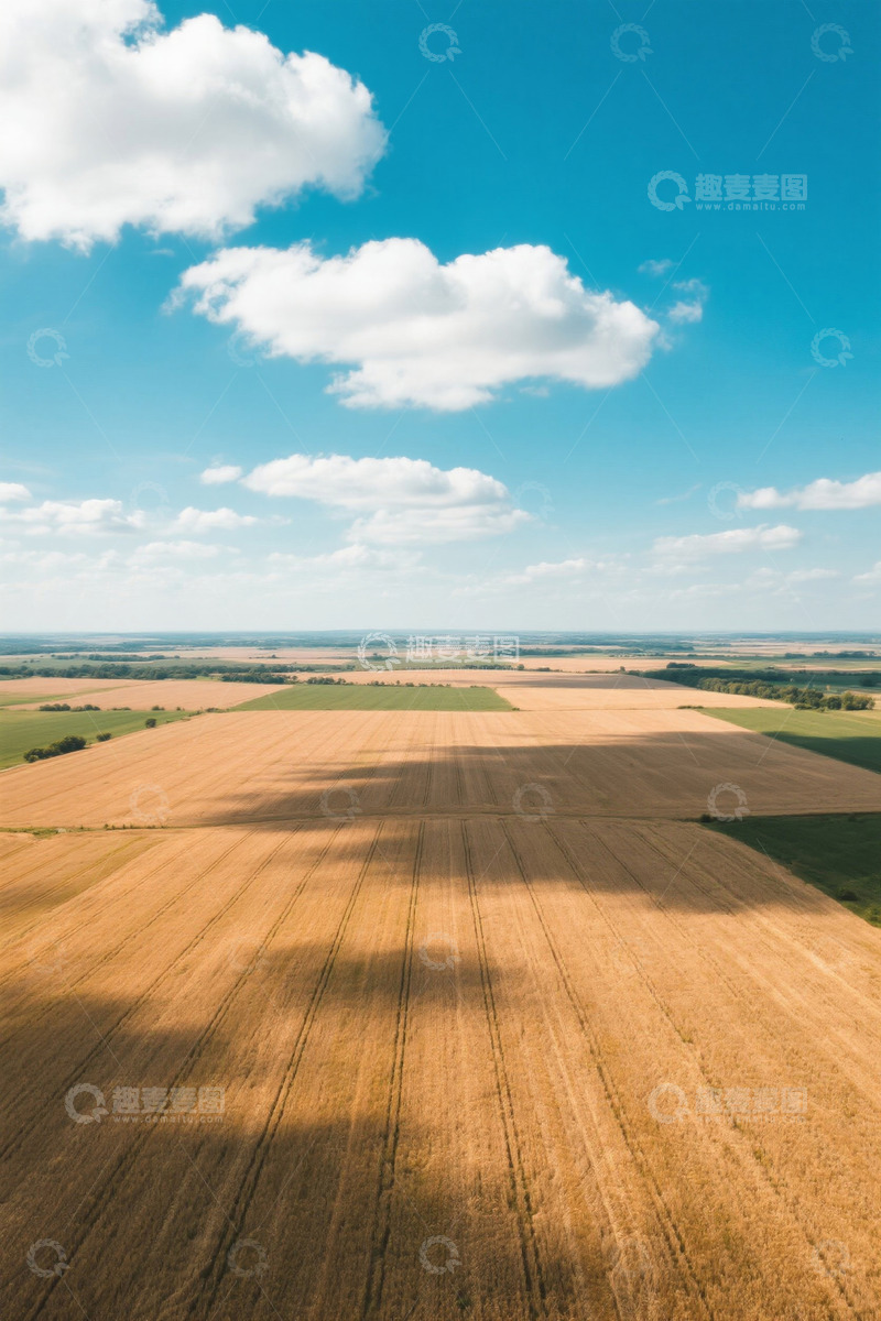 高清大图下载【趣麦麦图】航拍广阔麦田与蓝天白云景观
