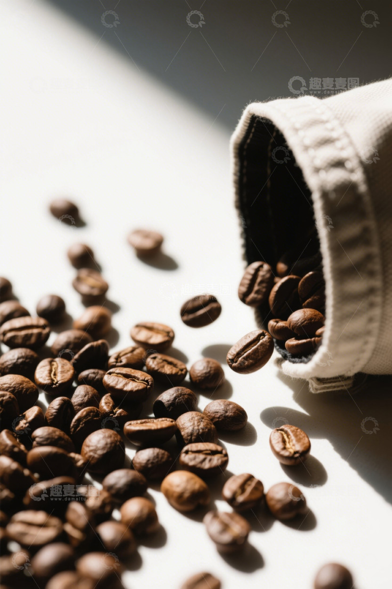 高清大图下载【趣麦麦图】散落的咖啡豆与布袋素材