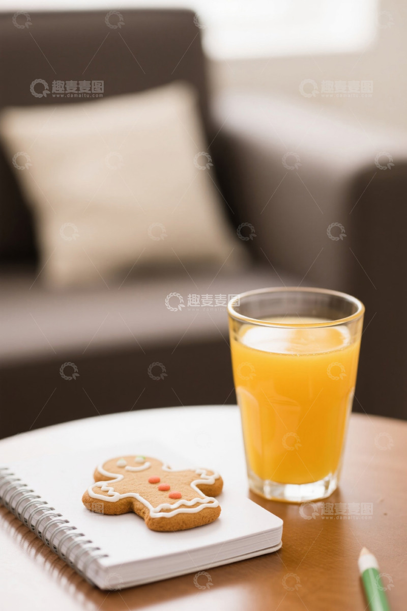 高清大图下载【趣麦麦图】桌上的果汁饼干与笔记本