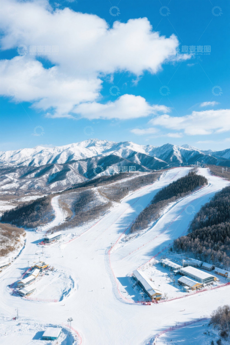 高清大图下载【趣麦麦图】雪山下的滑雪场地全景