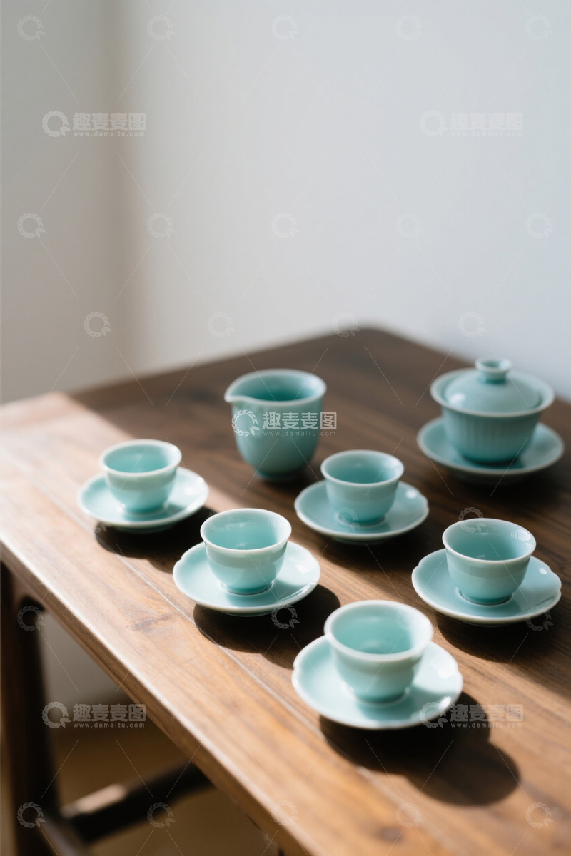 高清大图下载【趣麦麦图】木桌上的青瓷茶具组合