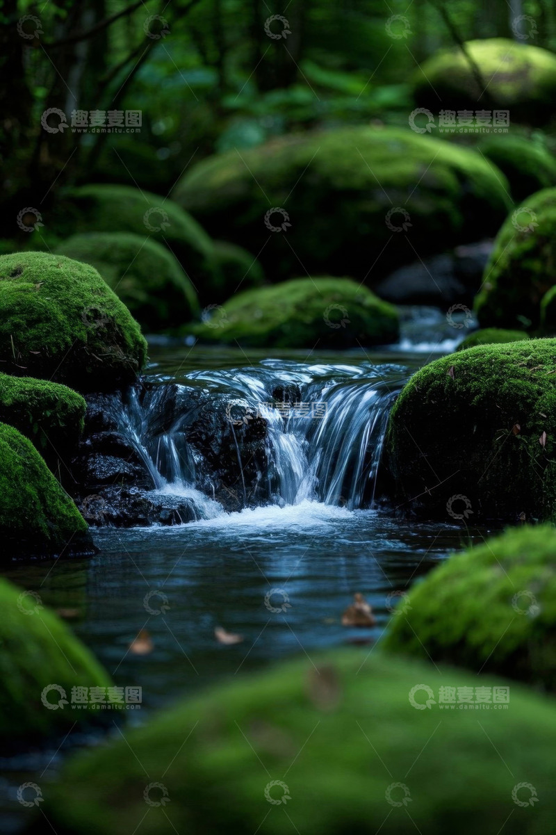 高清大图下载【趣麦麦图】森林中苔藓覆盖岩石的溪流