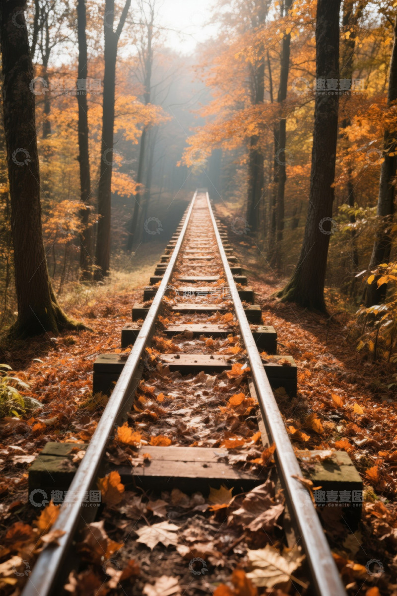 高清大图下载【趣麦麦图】秋日森林中的铁路景象