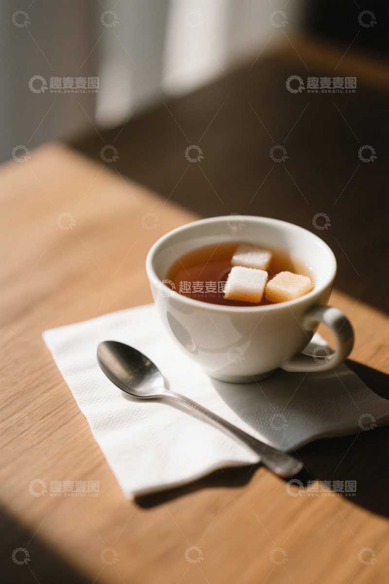 高清大图下载【趣麦麦图】木桌上的白色茶杯与方糖