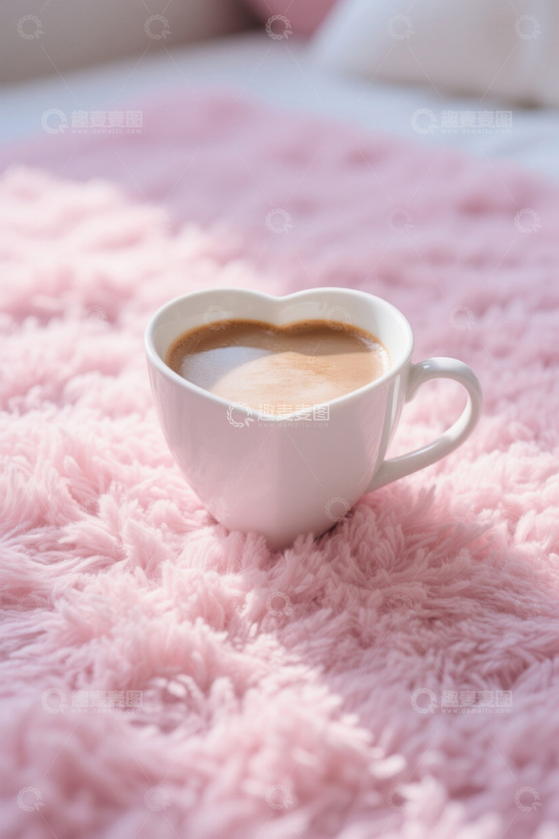 高清大图下载【趣麦麦图】心形杯咖啡置于粉色毛毯上