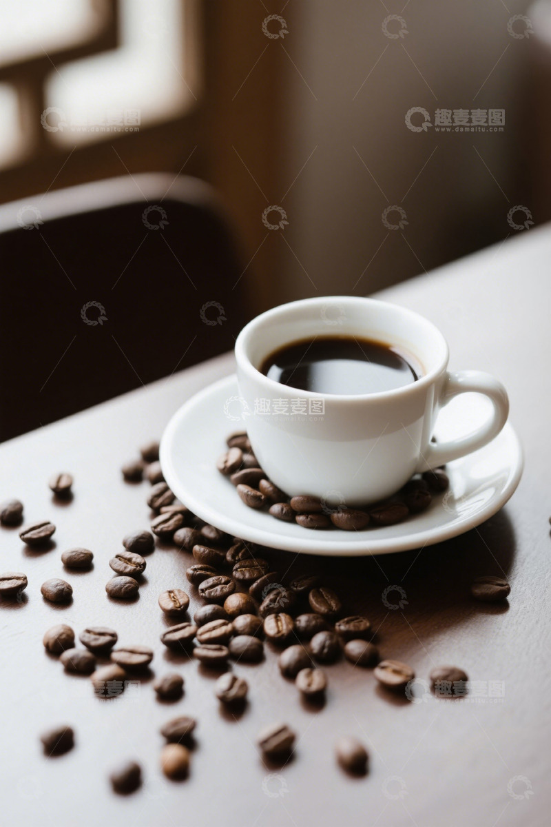 高清大图下载【趣麦麦图】桌上的咖啡杯与散落咖啡豆