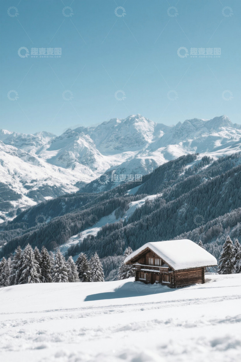 高清大图下载【趣麦麦图】雪山下的木屋雪景