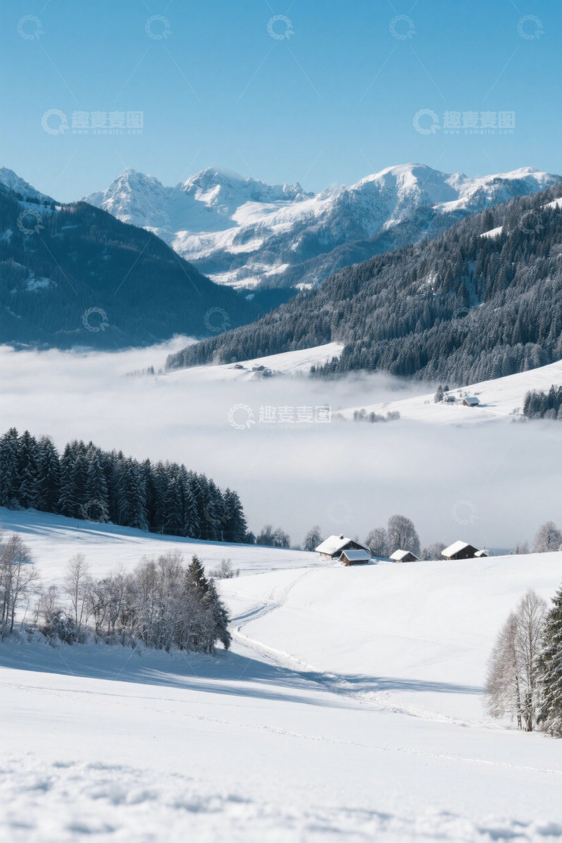 高清大图下载【趣麦麦图】雪山下的冬日乡村风景