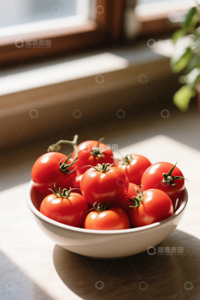 高清大图下载【趣麦麦图】窗边白碗盛放新鲜红番茄