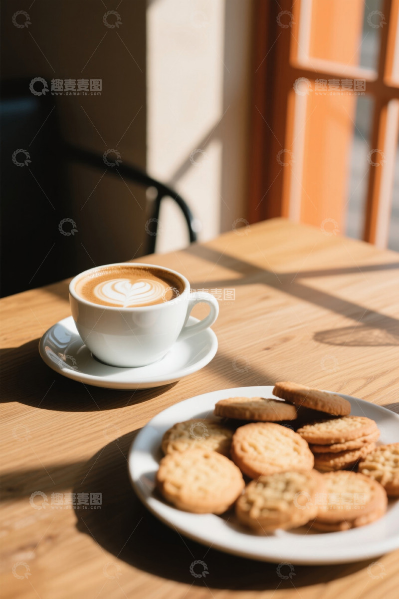 高清大图下载【趣麦麦图】木桌上的咖啡与饼干