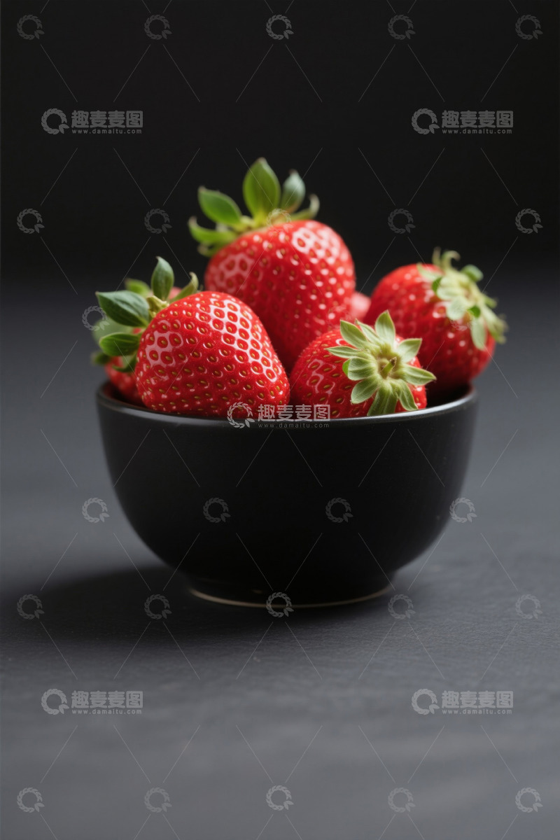 高清大图下载【趣麦麦图】黑碗中新鲜草莓静物拍摄
