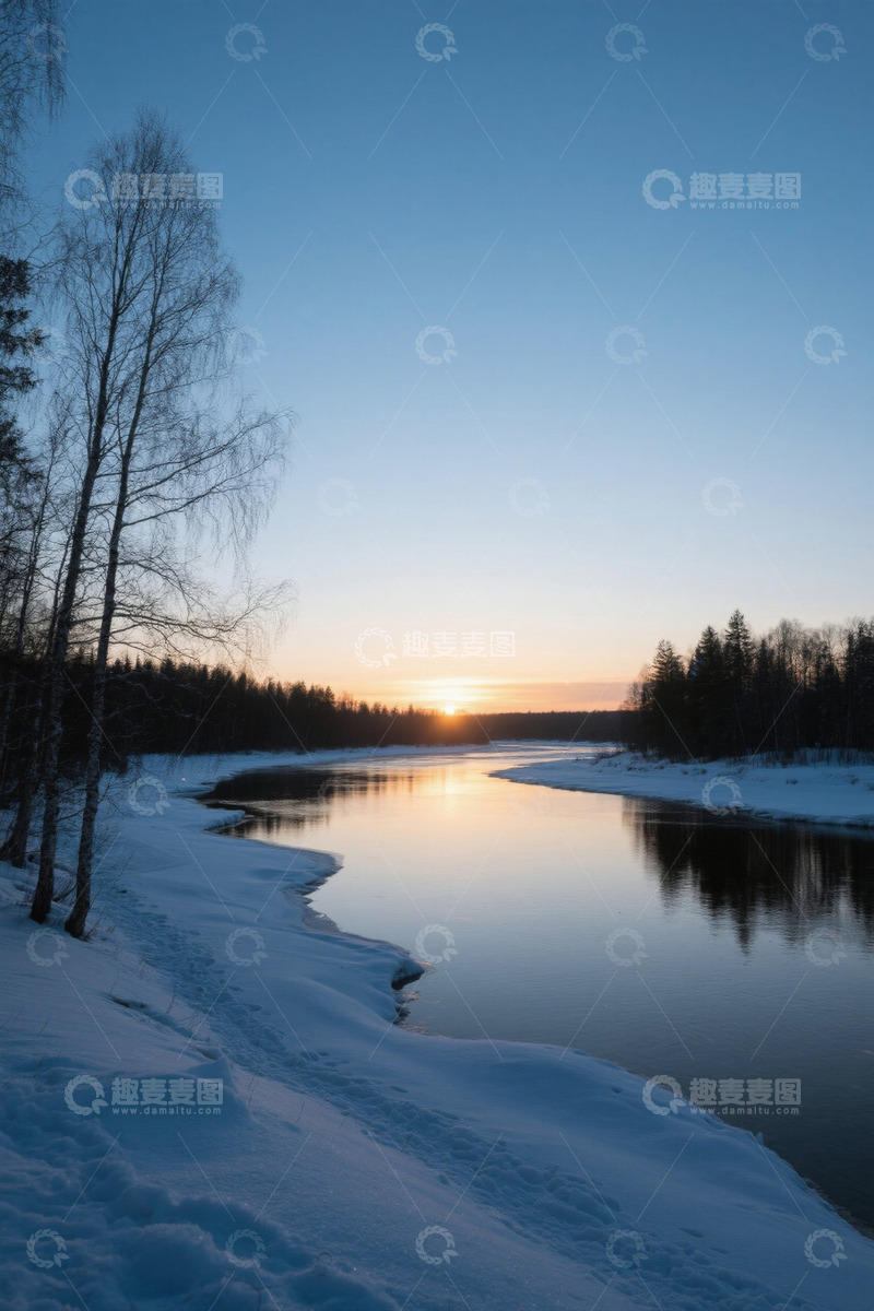 高清大图下载【趣麦麦图】冬日河边雪景日落景观